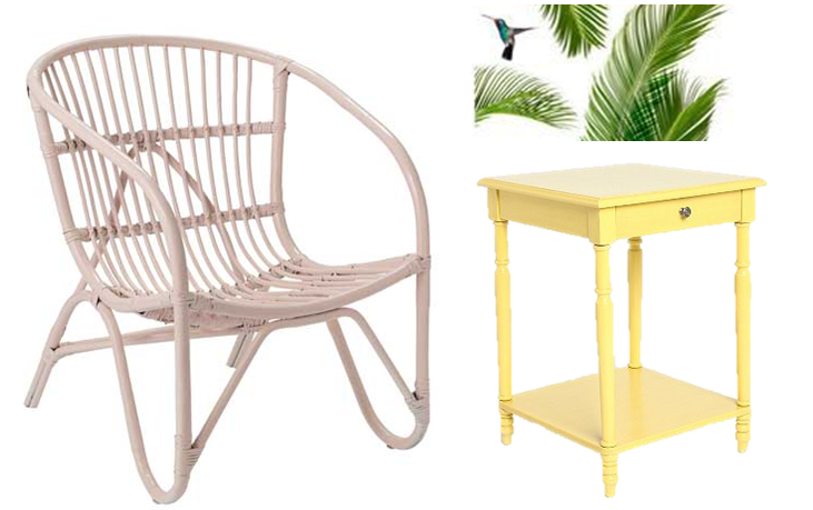 deco tropicool style tropical plage fauteuil en soier rose desserte jaune pastel sticker palmier et colibri bord de mer miami beach Blog déco design Joli Place