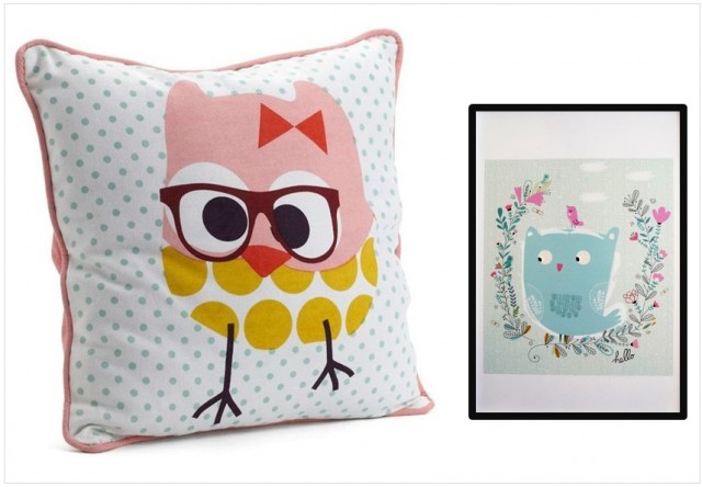 Coussin et affiche motif hibou