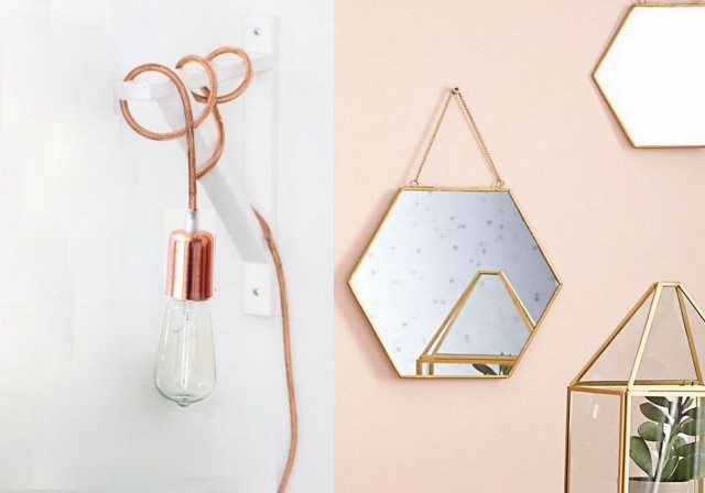 Lampe baladeuse cuivre et miroir hexagonal laiton