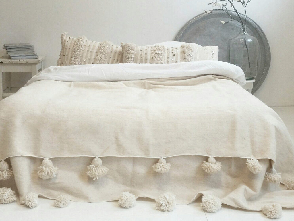 Couverture de lit avec pompons coton biologique | Blanc Ivoire | 100x150