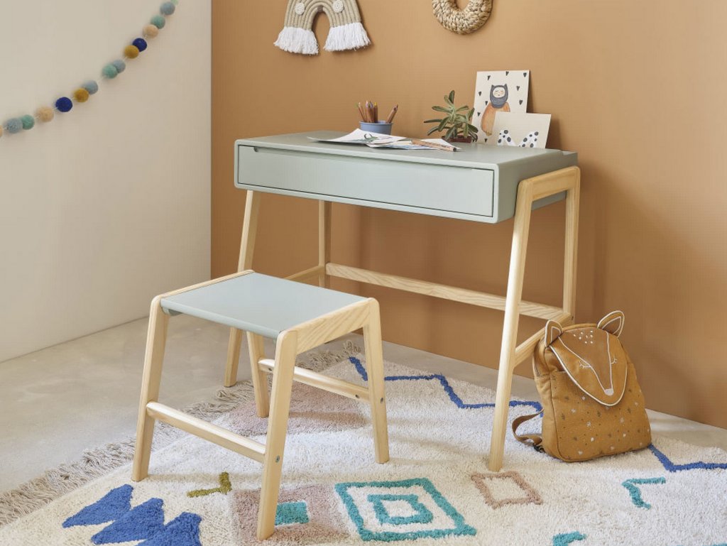 bureau et tabouret enfant vert et bois