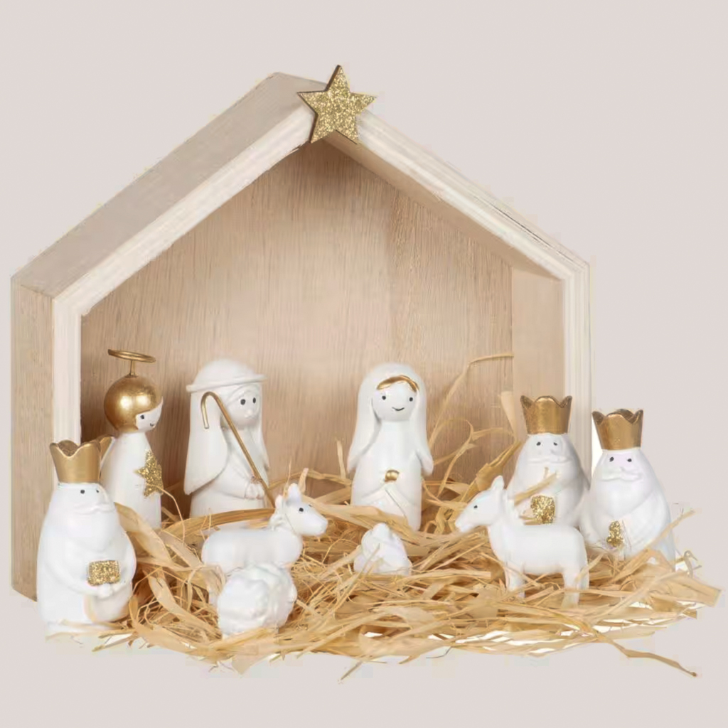 Crèche de Noël en bois et céramique blanche