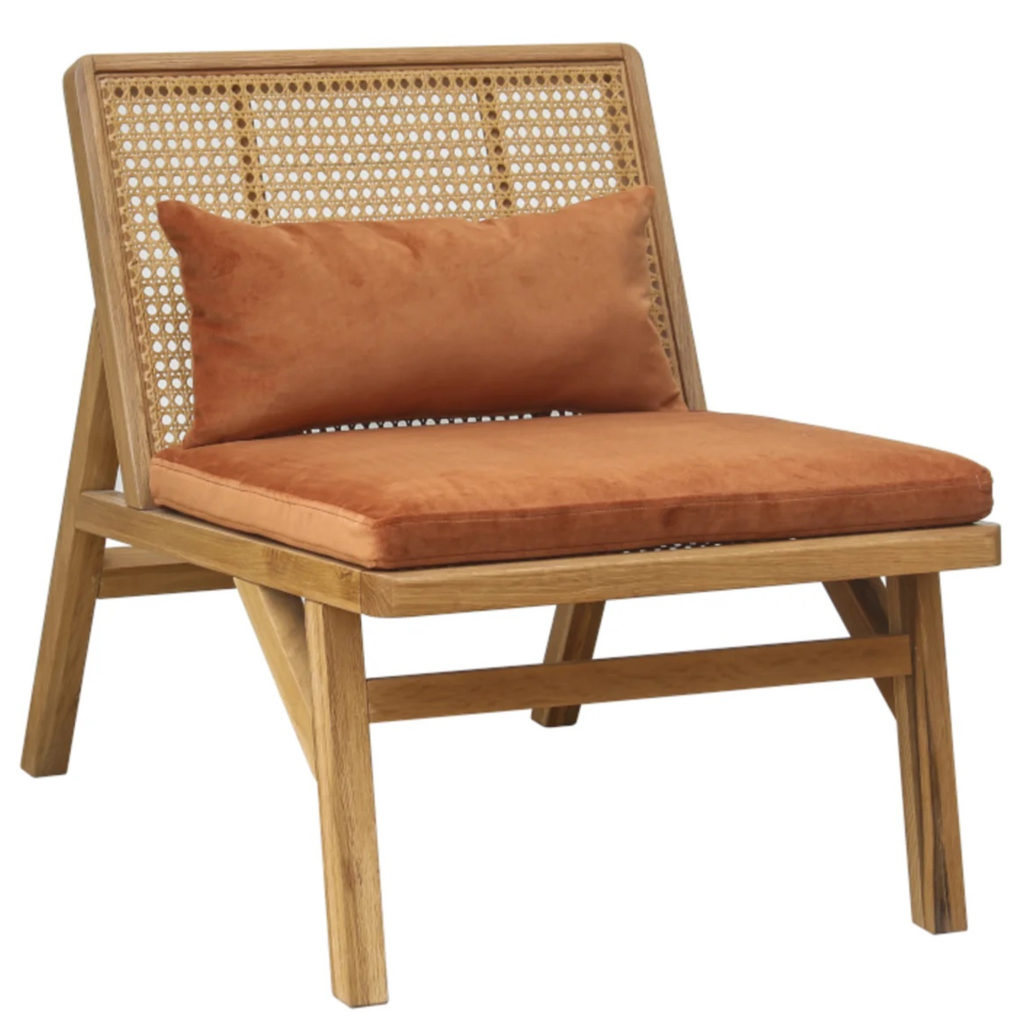 fauteuil cannage et velours terracotta