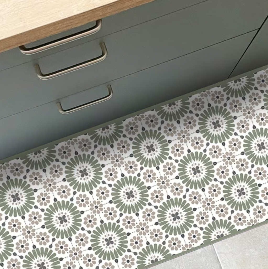 tapis de cuisine vinyle carreaux de ciment vert et blanc