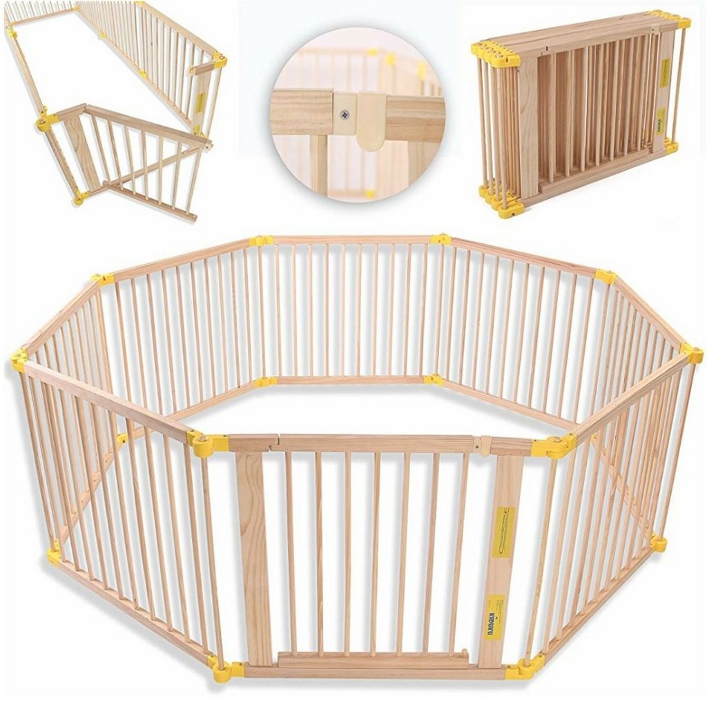 Grand parc de jeux pour enfant bébé à barreaux pliable, Bois naturel