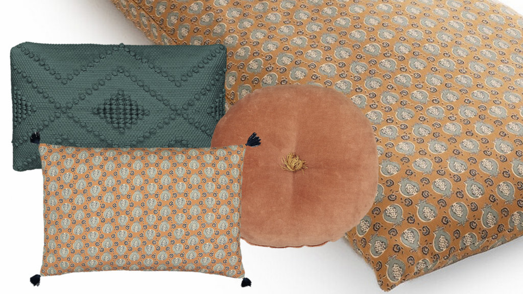coussins bohème vert et caramel