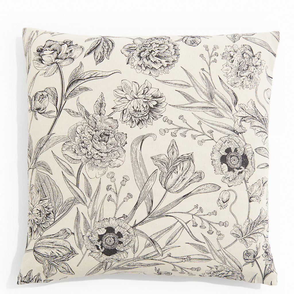 coussin fleuri noir et blanc