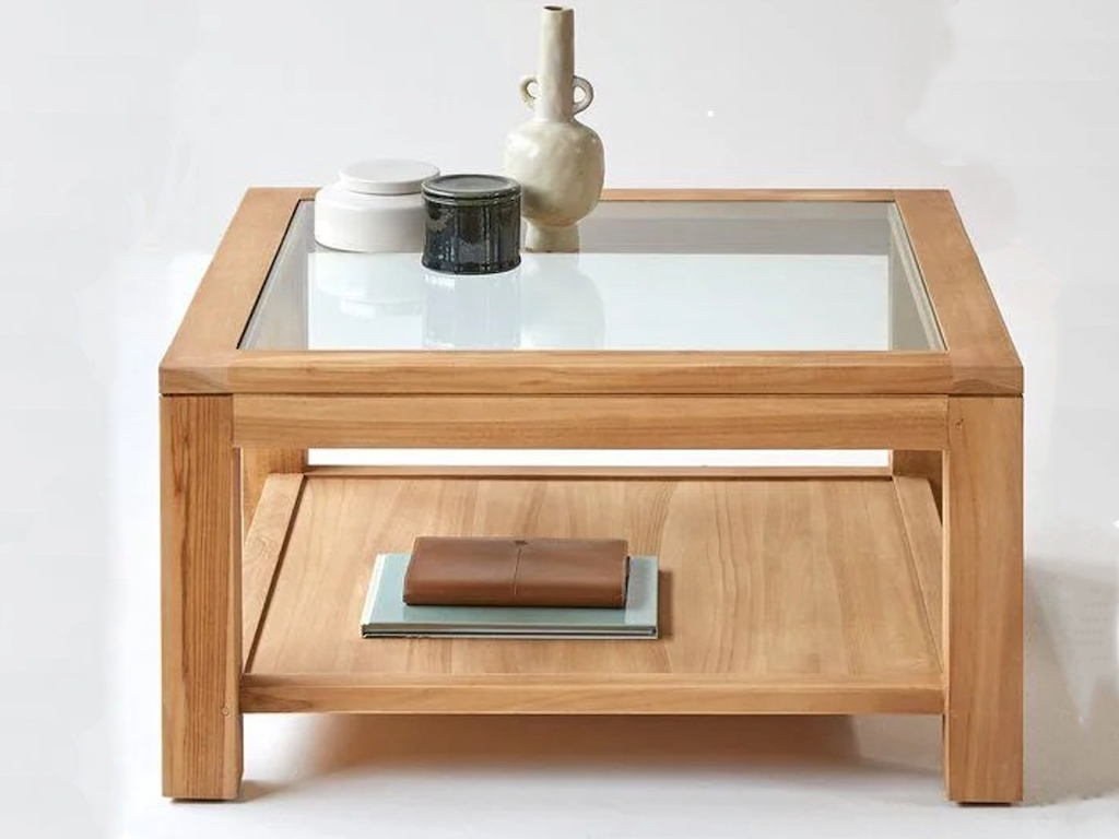 table basse carrée en bois avec plateau verre