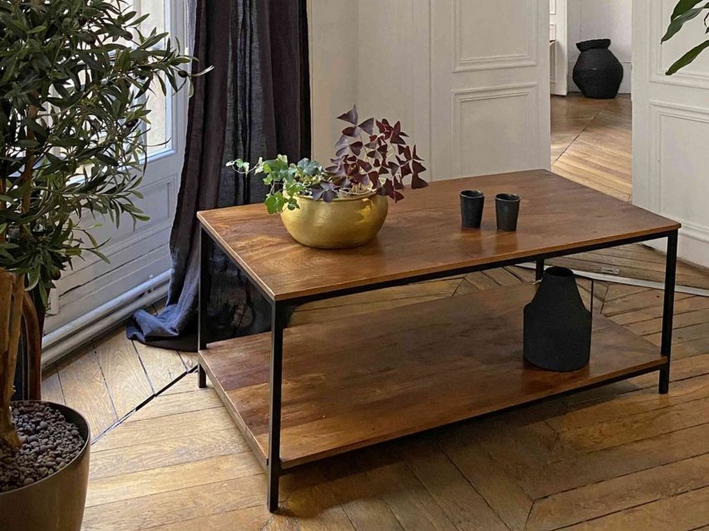 table basse double plateau noir et bois