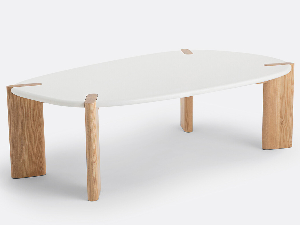 table basse forme organique blanc et bois