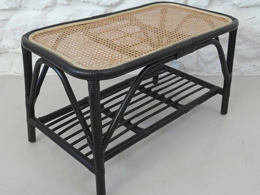 table basse cannage et rotin noir