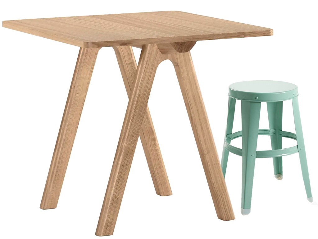 table en bois et tabouret vert d'eau