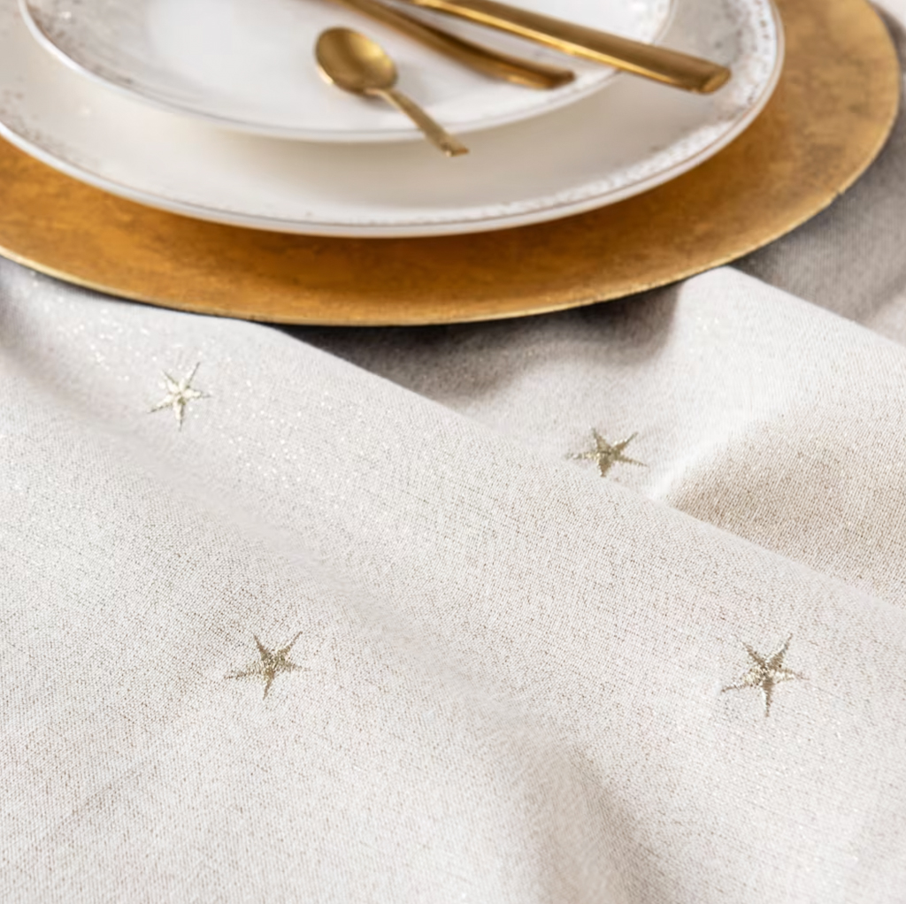 nappe coton écru avec étoiles dorées brodées