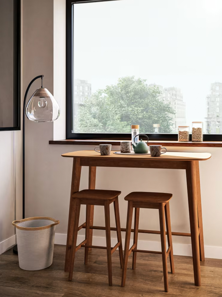 table haute bois et tabourets de bar