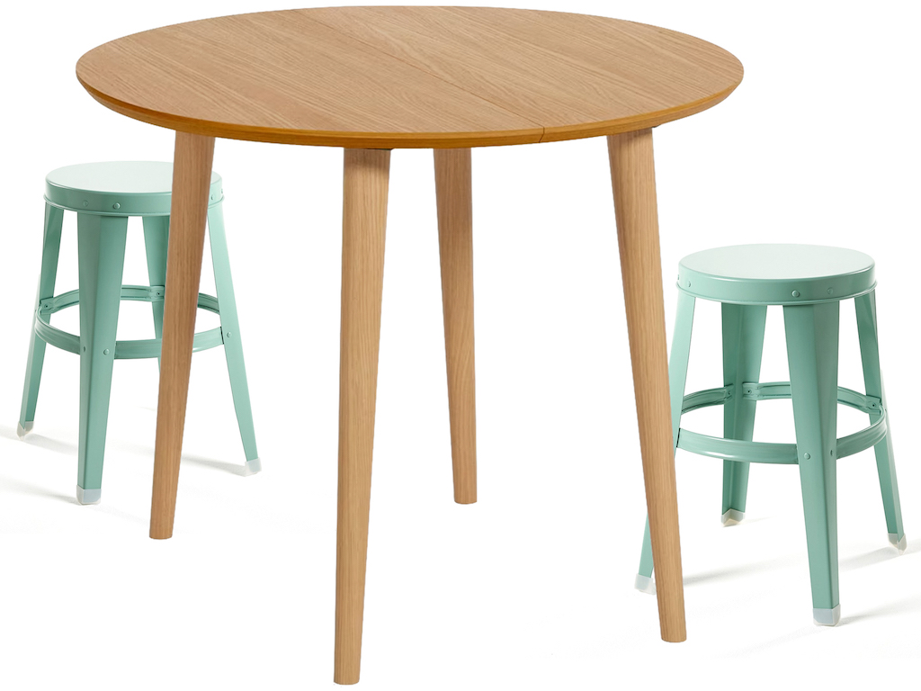 table de cuisine ronde bois et tabouret vert clair