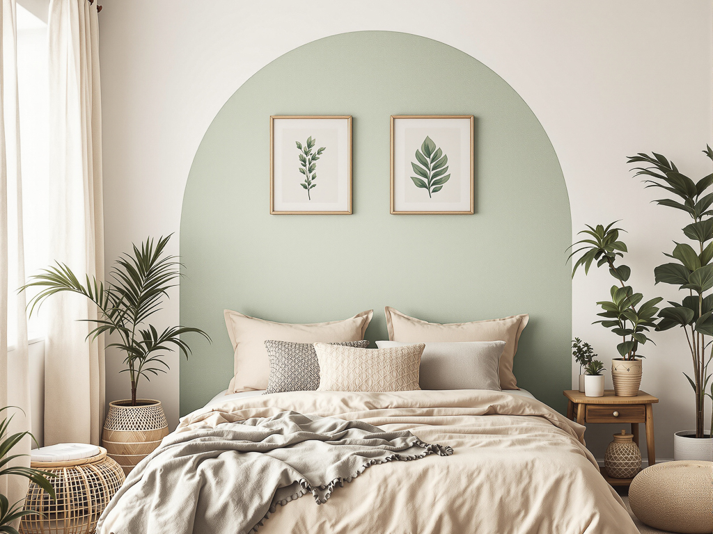 tête de lit arche vert clair peinte sur le mur