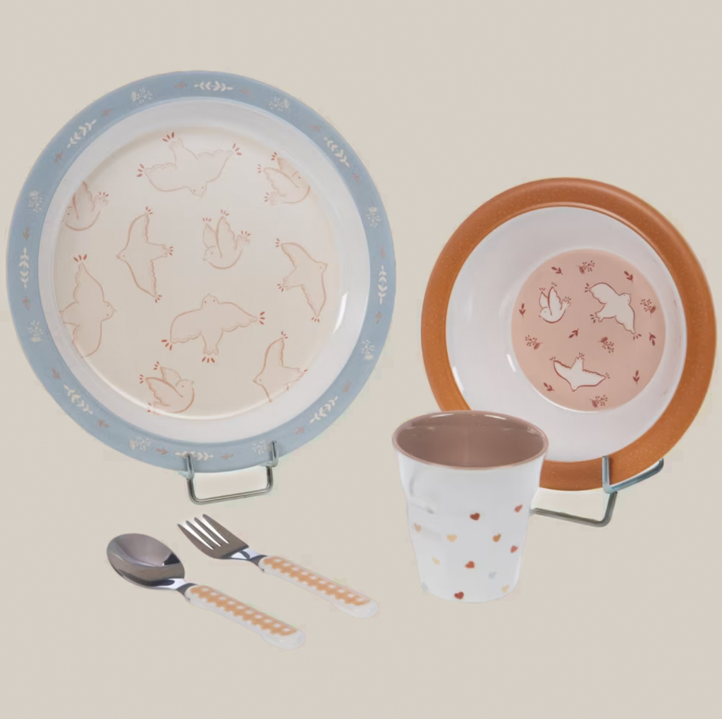 set de vaisselle pour bébé motif oiseaux