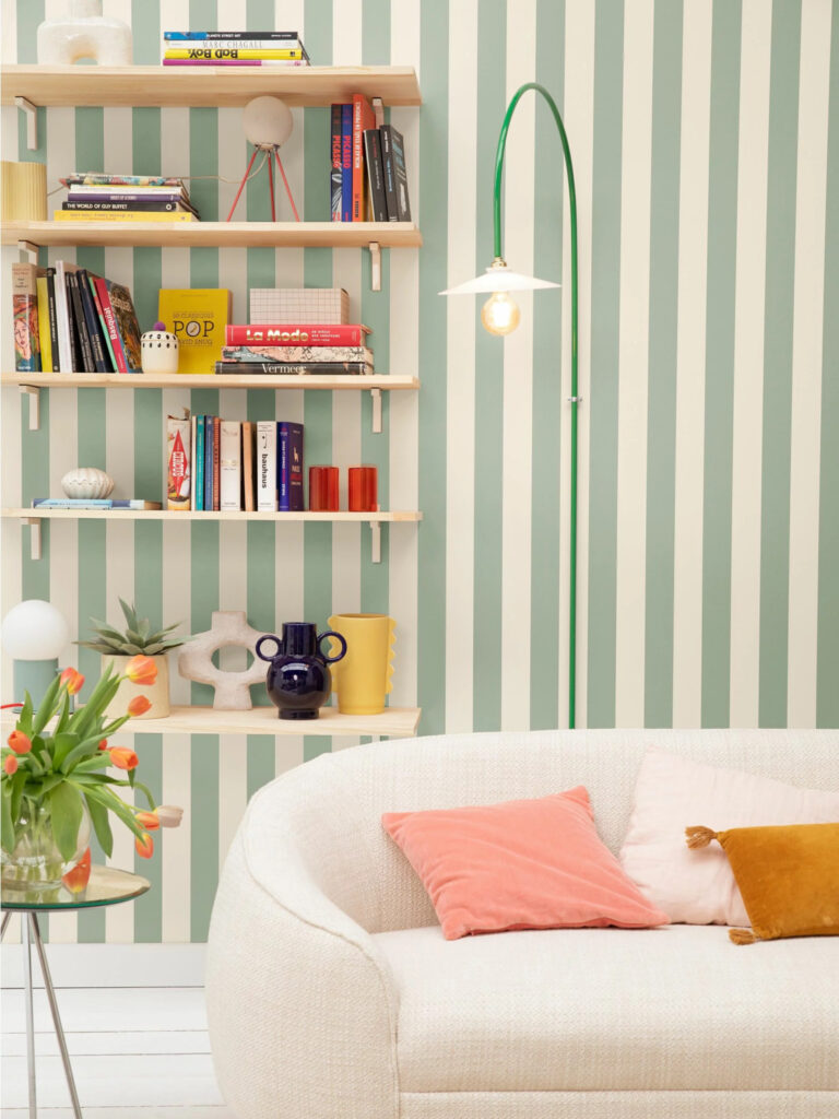 papier peint rayé vert blanc