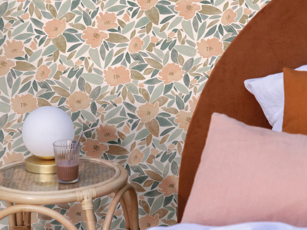 papier peint fleuri vintage vert rose