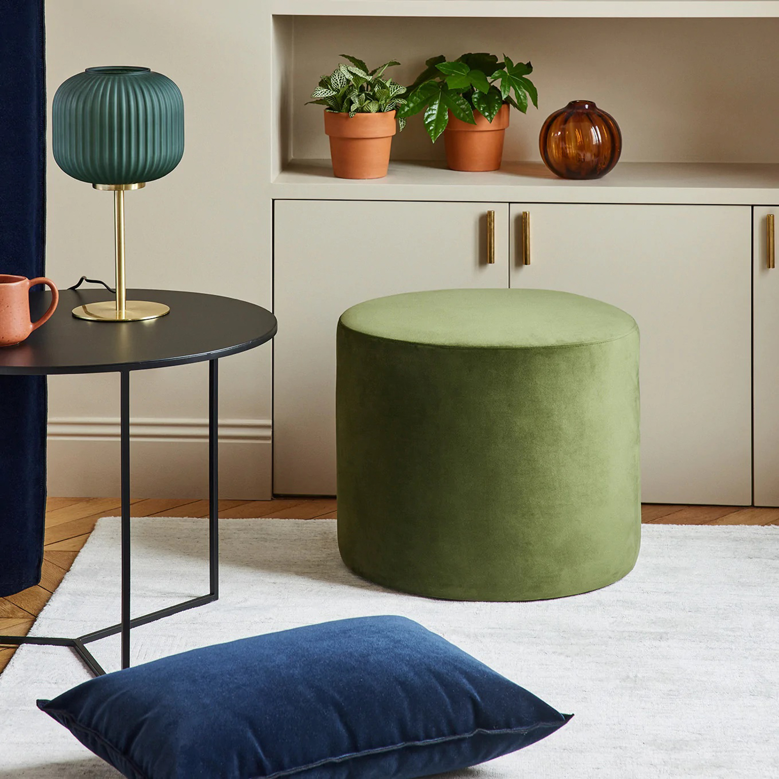 pouf rond velours vert olive