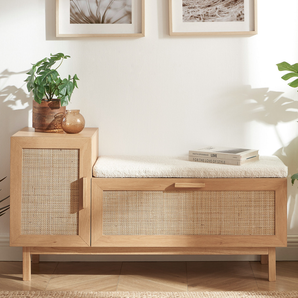 banc d'entrée avec rangement en bois et cannage