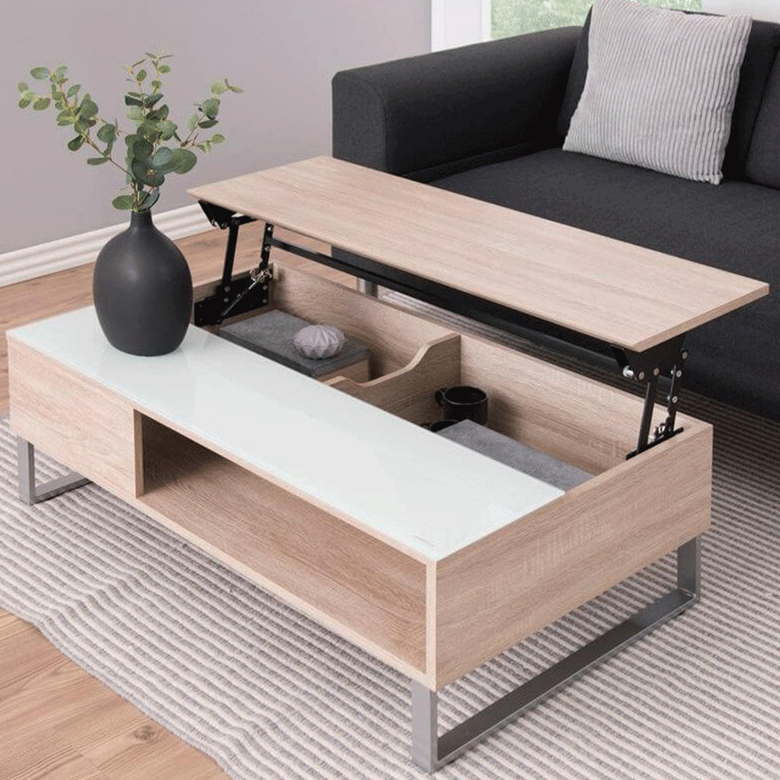 table basse gain de place avec plateau relevable