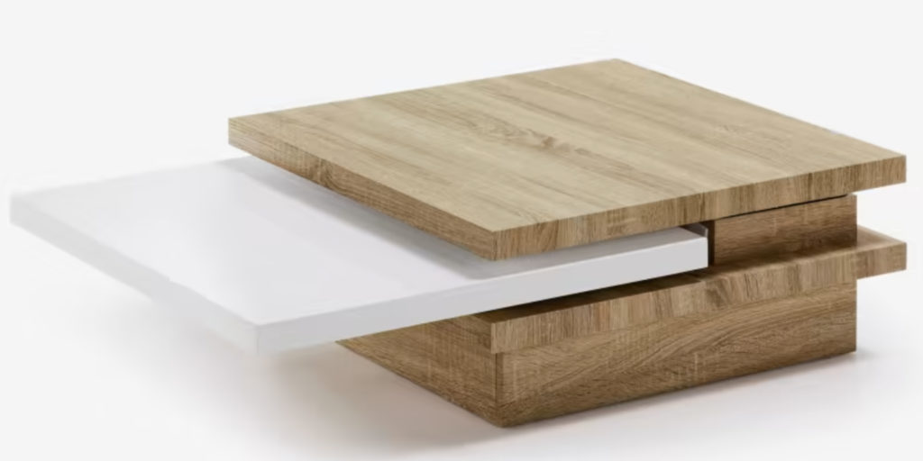 table basse gain de place avec plateaux pivotants