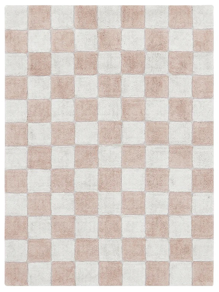 tapis damier rose pâle et blanc