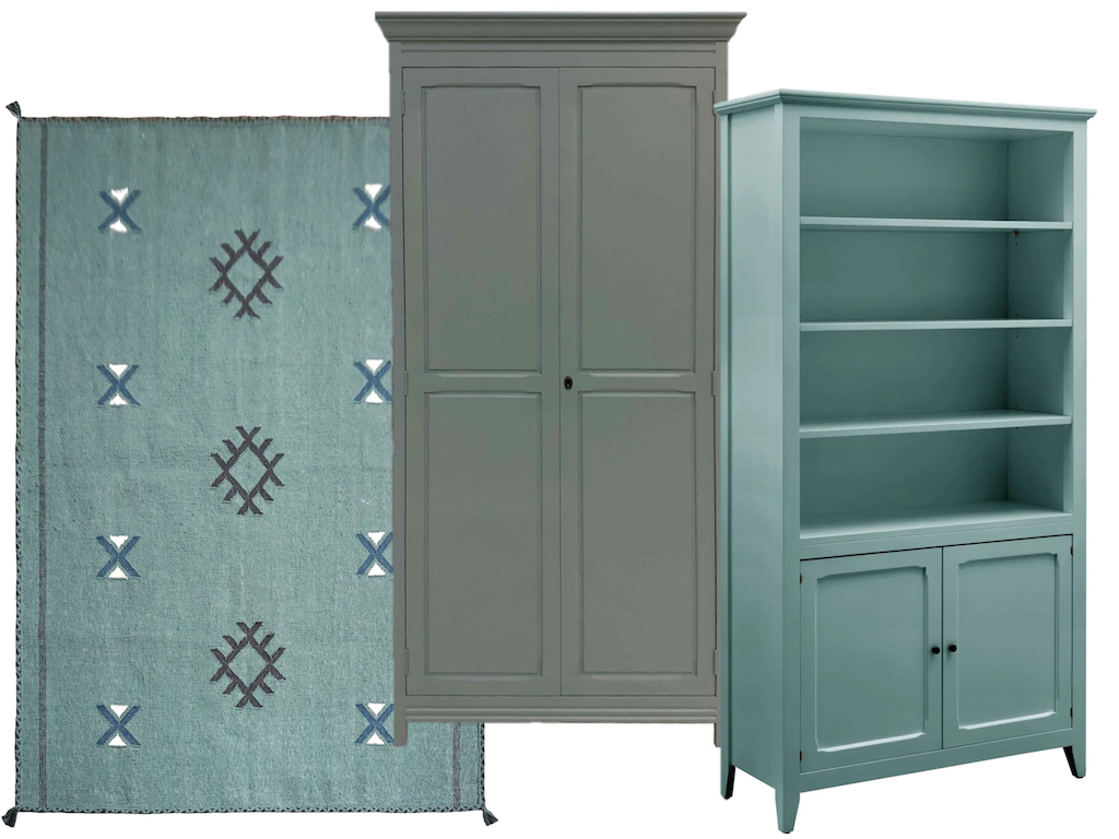 armoire vert sauge et bibliothèque bleu céladon