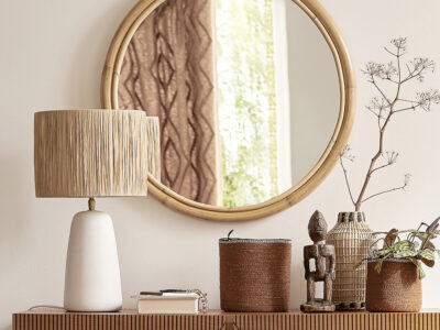 lampe céramique blanc et raphia naturel