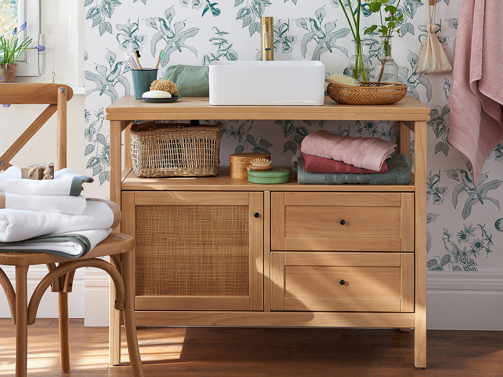 meuble sous vasque bois et cannage