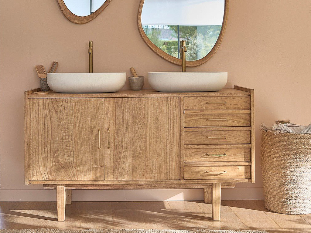 Meuble sous vasque en bois enfilade vintage années 50