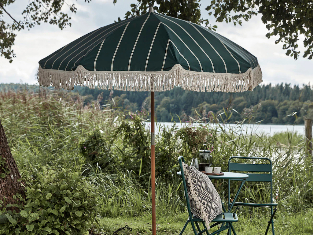 parasol frange rayé vert et blanc