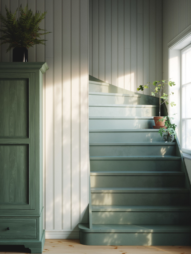 escalier peint en vert