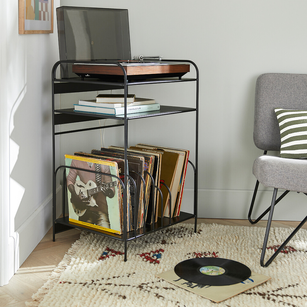 meuble pour vinyles et platine compact en métal noir