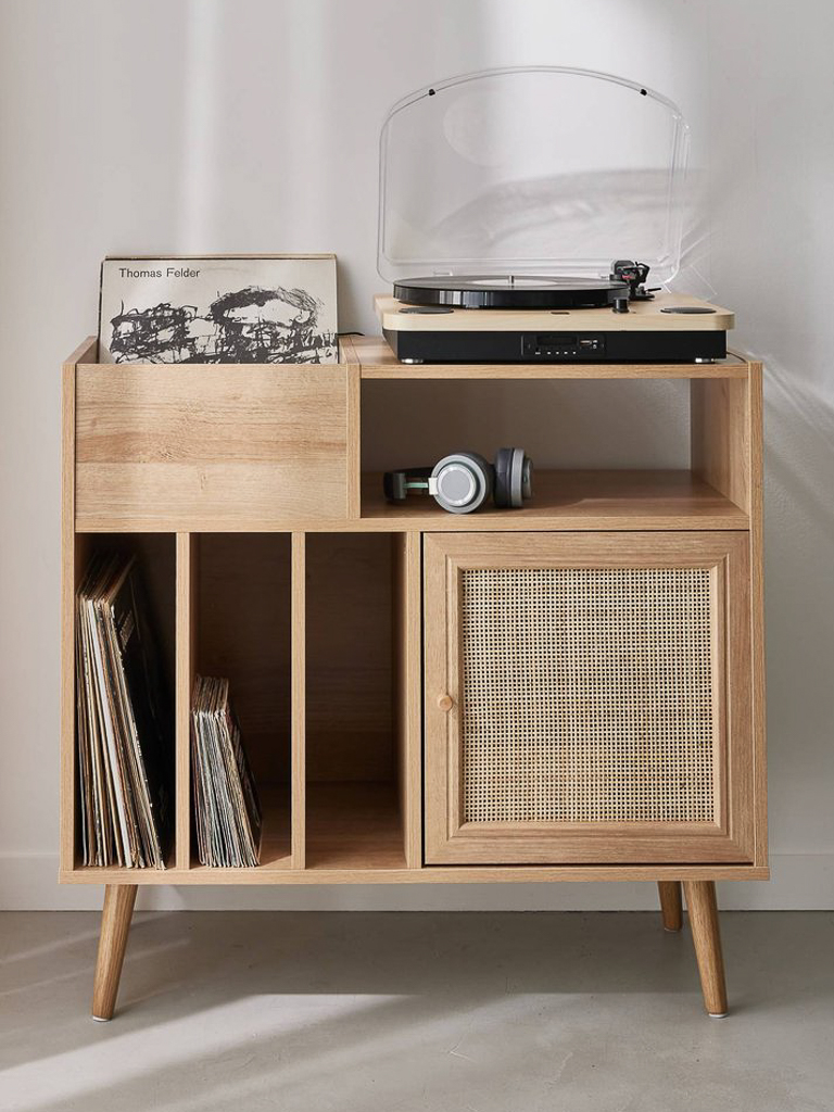 meuble pour vinyles et platine en bois et cannage