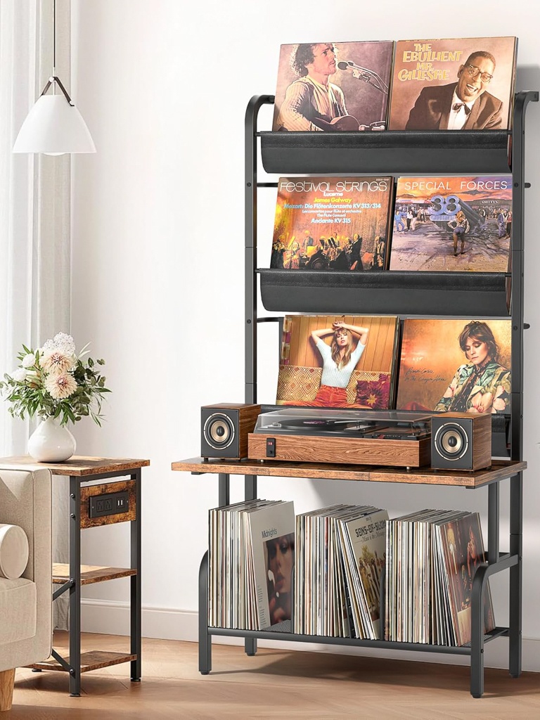 meuble pour vinyles et platine avec support en hauteur pour les disques
