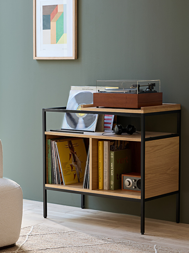 meuble pour platine et disques vinyles en métal noir et bois