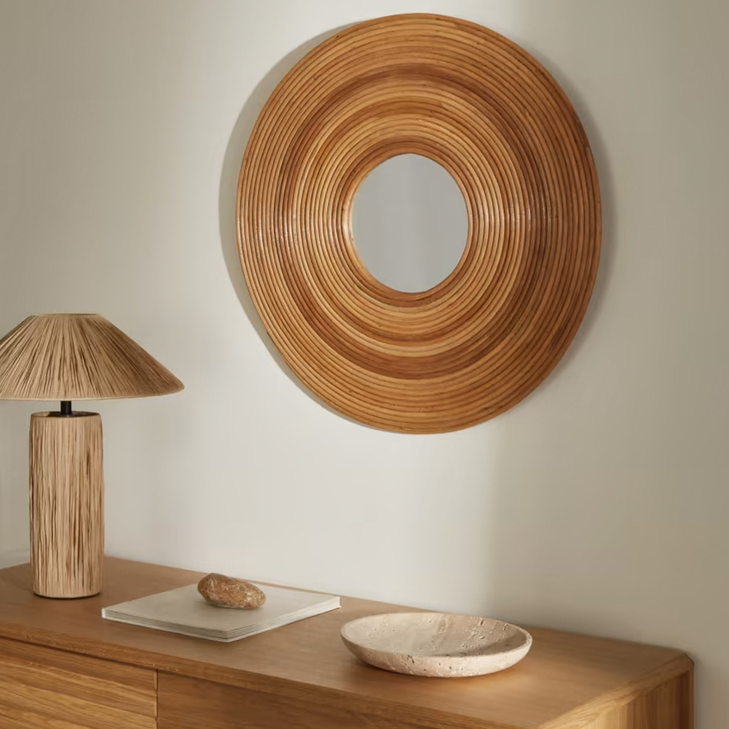 miroir rond en rotin