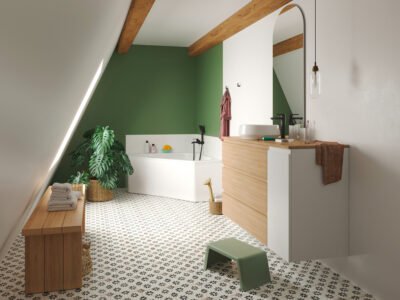 salle de bain vert et bois
