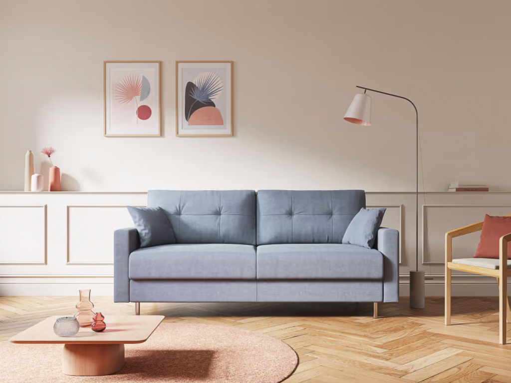 salon avec un canapé bleu ciel