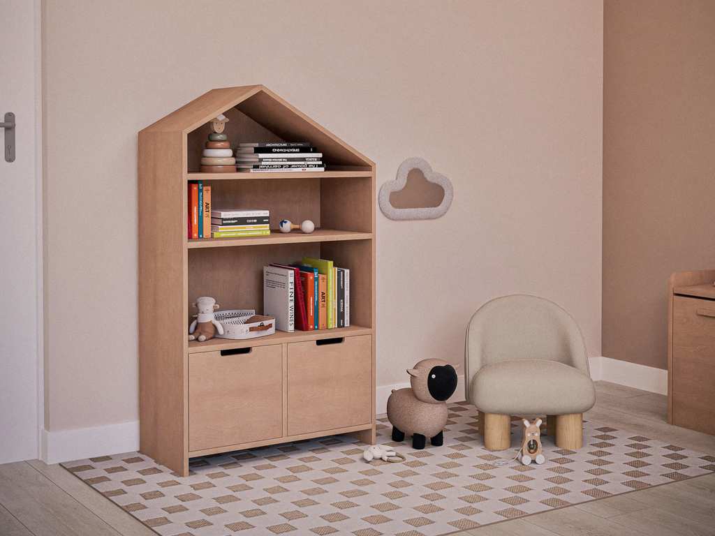 bibliothèque enfant en forme de maison en bois