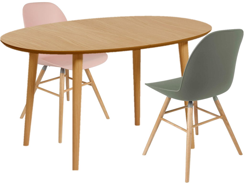 table en bois avec chaises pastel