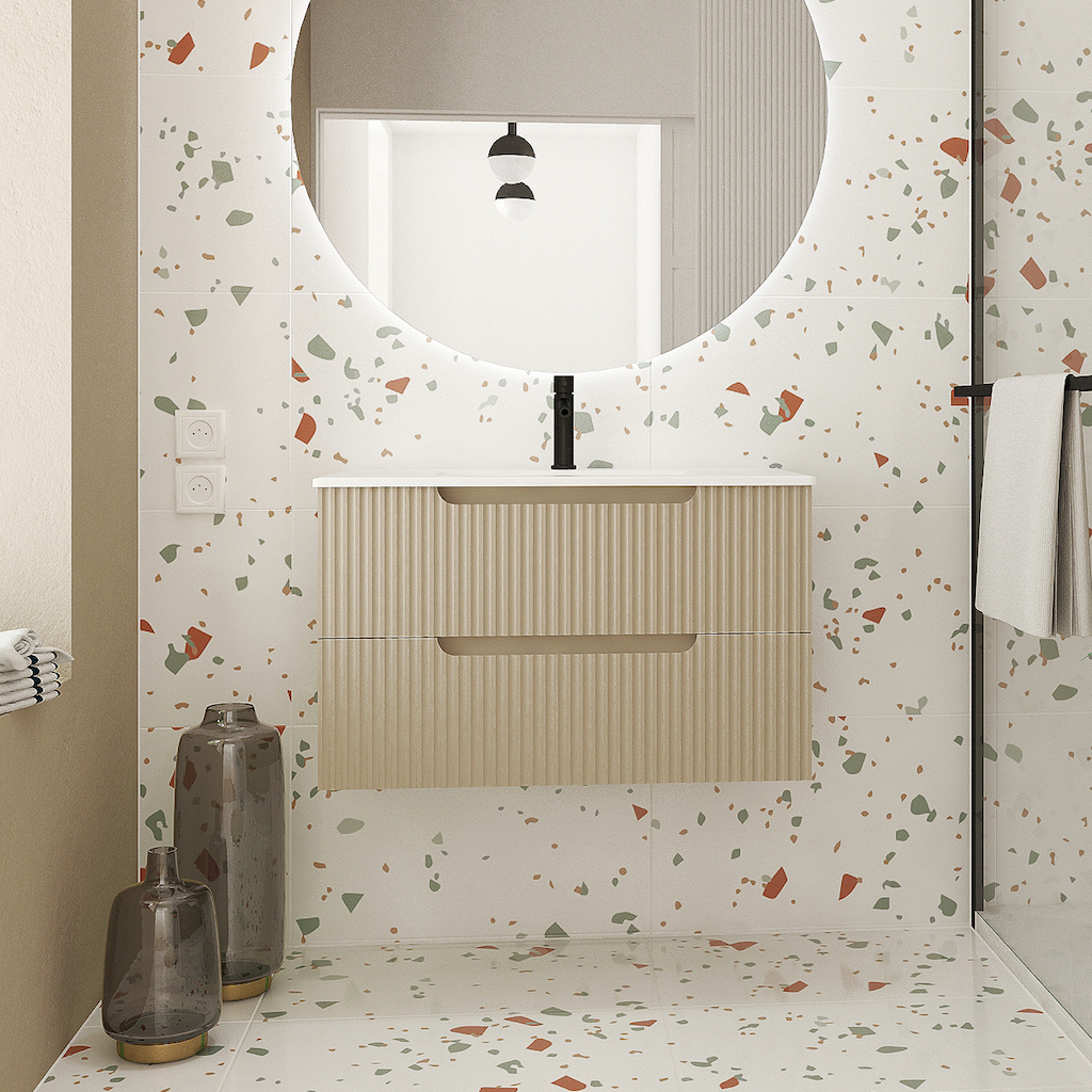 meuble vasque cannelé beige