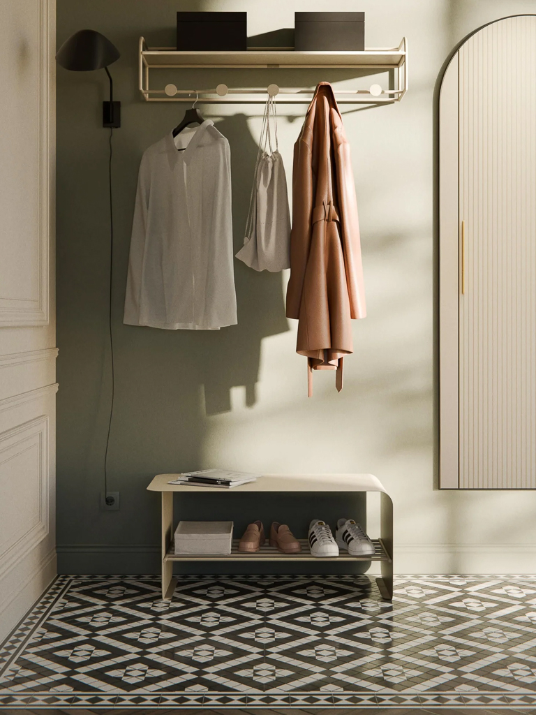 banc d'entrée avec rangement en métal beige