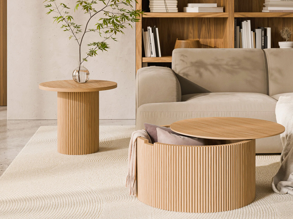 table basse coffre ronde en bois strié