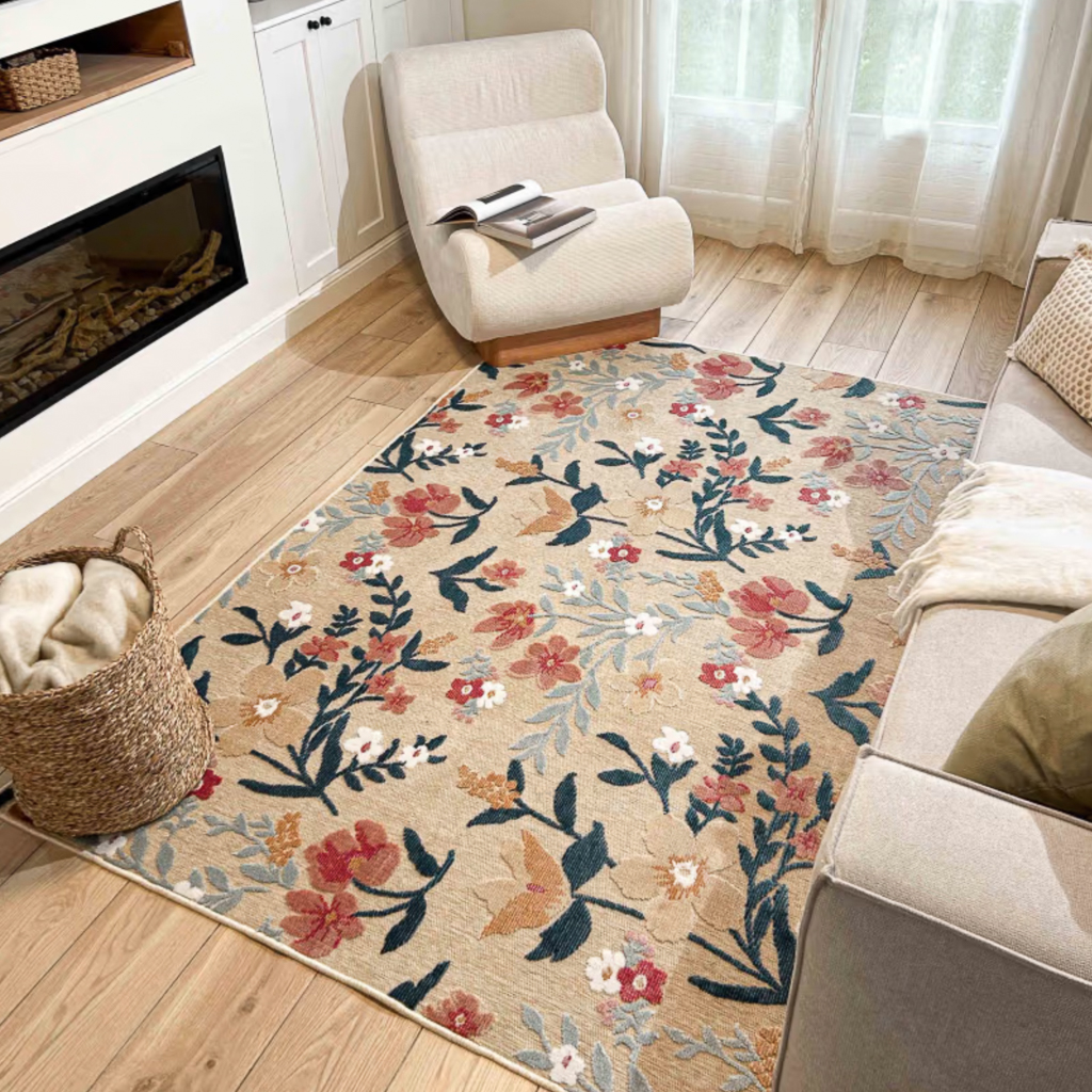 tapis fleuri sur fond beige