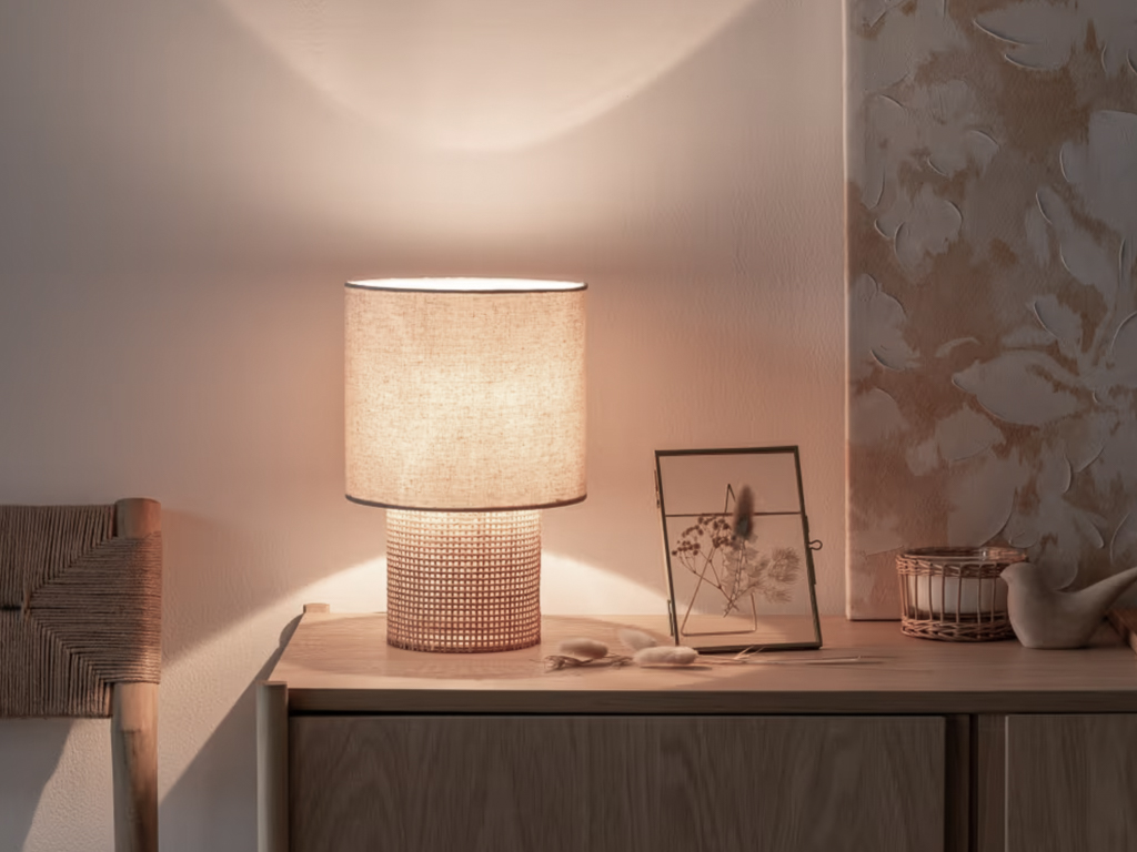 lampe en rotin tressé et tissu