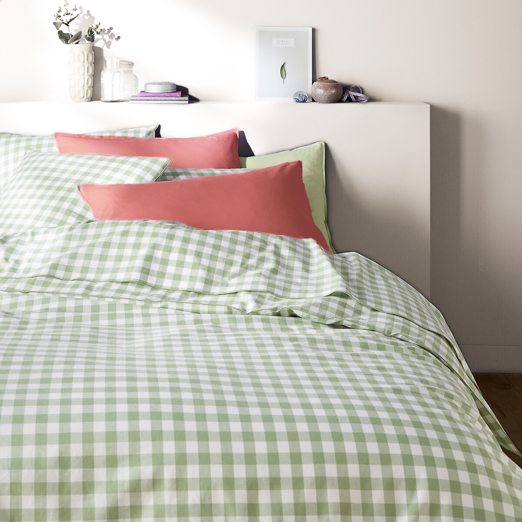 linge de lit vichy vert et blanc