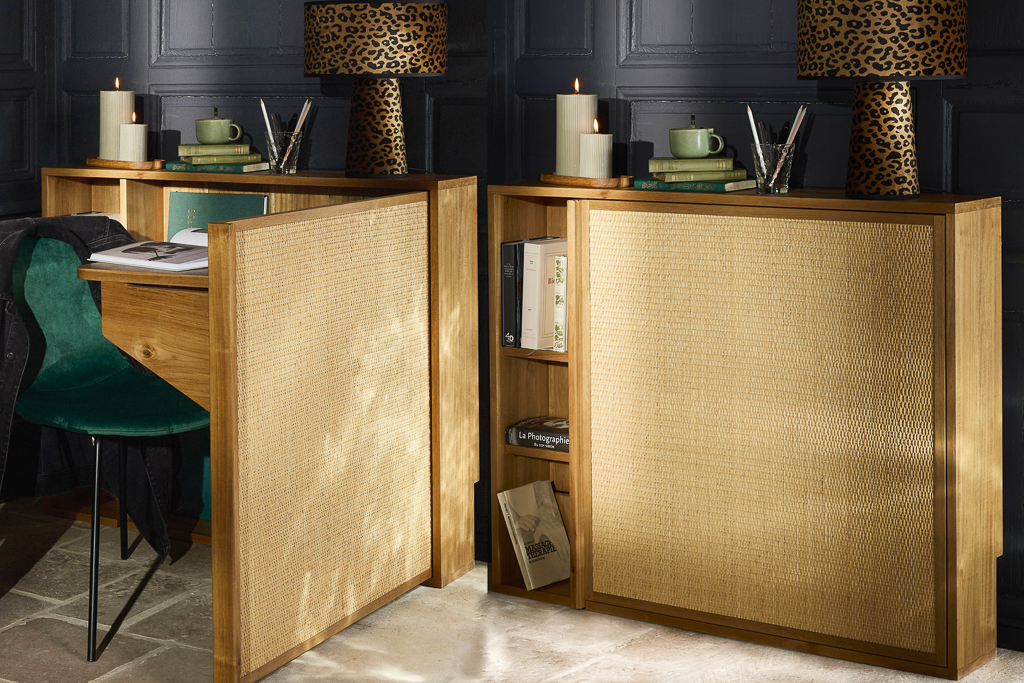 bureau console en cannage pour ordinateur